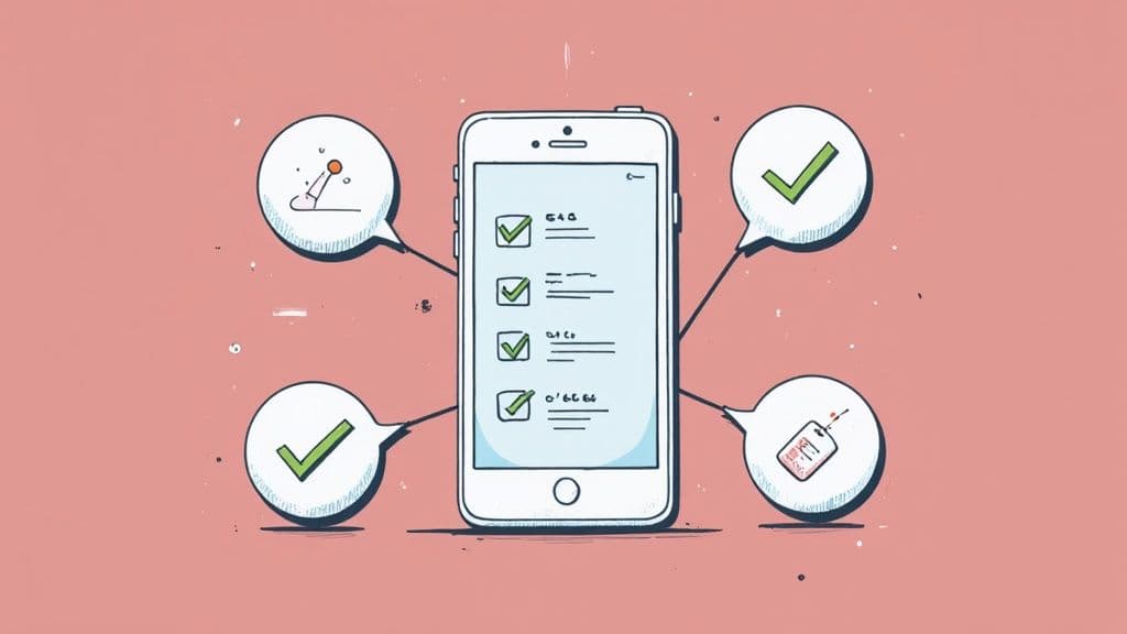 Smartphone displaying checklist with checkmarks connected to circular icons showing mobile productivity features
