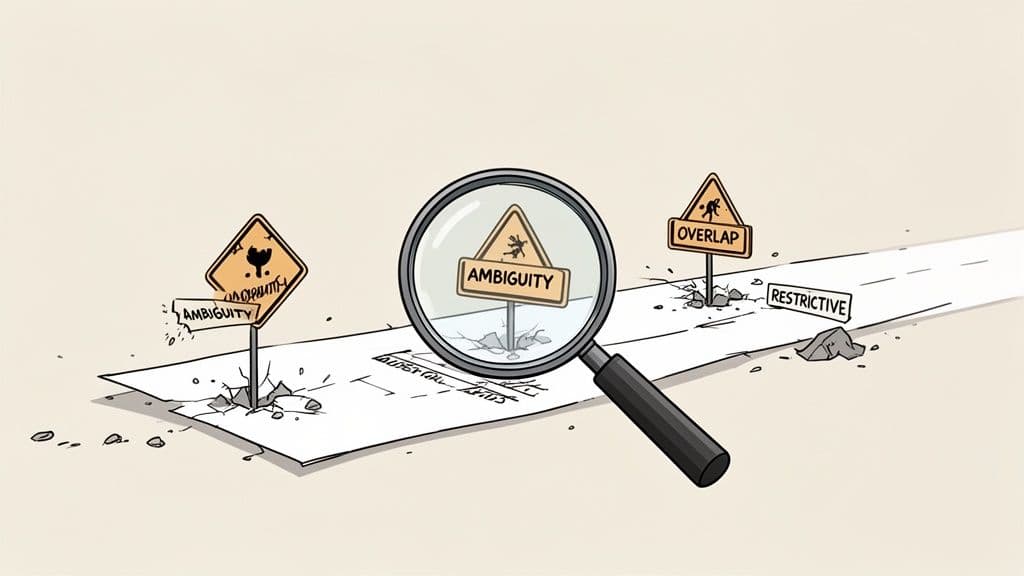 A magnifying glass highlights 'AMBIGUITY' on a path with 'OVERLAP' and 'RESTRICTIVE' warning signs.