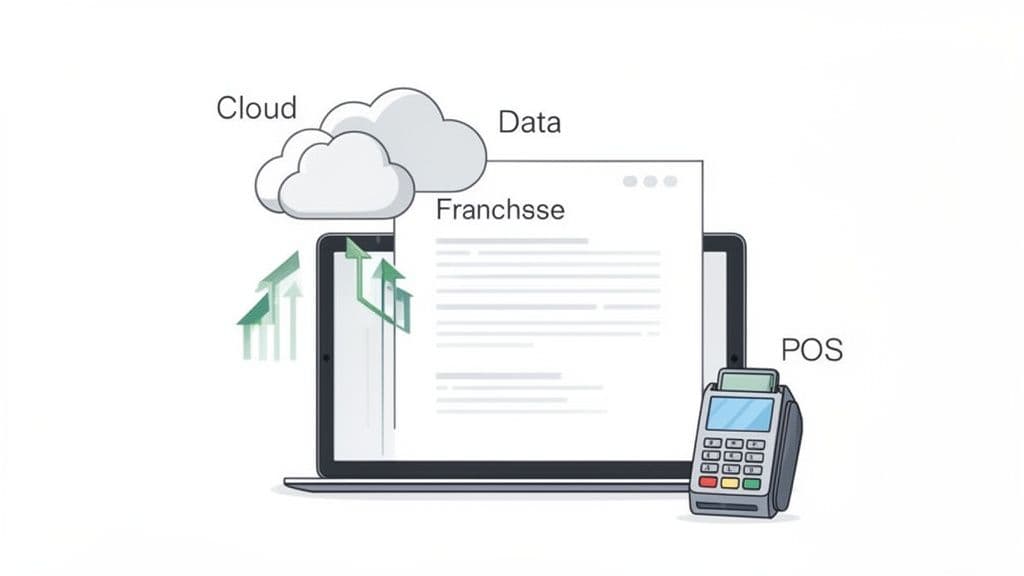 Illustration of a franchise agreement on a laptop, connected to cloud data, and integrated with a POS system.