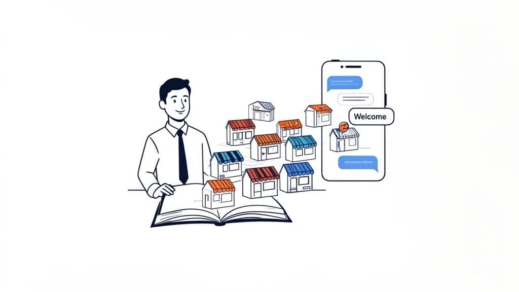 A businessman with an open book, many small shops, and a smartphone, symbolizing franchise business growth and online coaching.