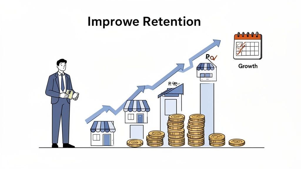 An illustration depicting how improving customer retention leads to business growth, more shops, and financial success.