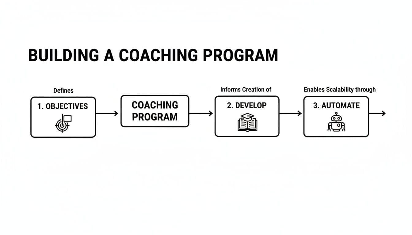 Flowchart illustrating the three-step process for building a coaching program: Objectives, Develop, Automate.