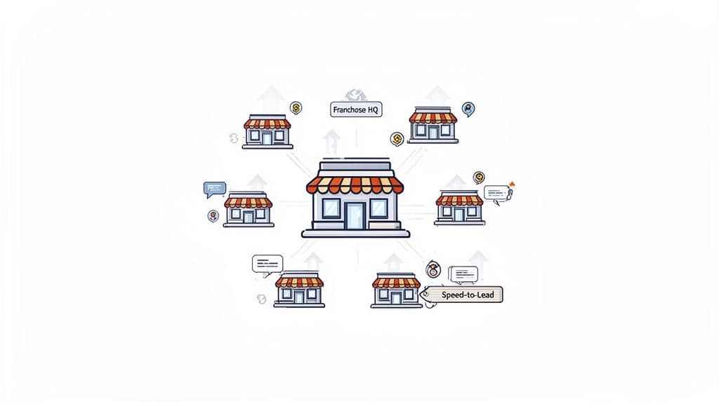 An illustration of a central Franchise HQ managing a network of surrounding local franchise stores.