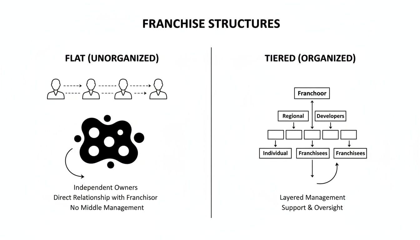 Diagram comparing flat (unorganized) and tiered (organized) franchise business structures and their characteristics.