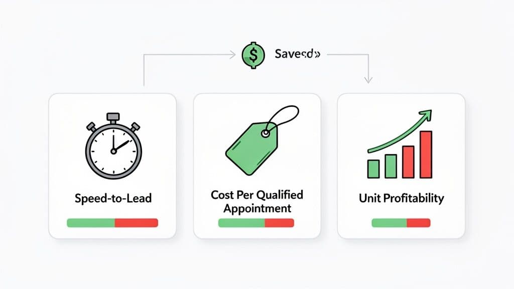 Infographic showing three business metrics: speed-to-lead, cost per qualified appointment, and unit profitability, linked to savings.