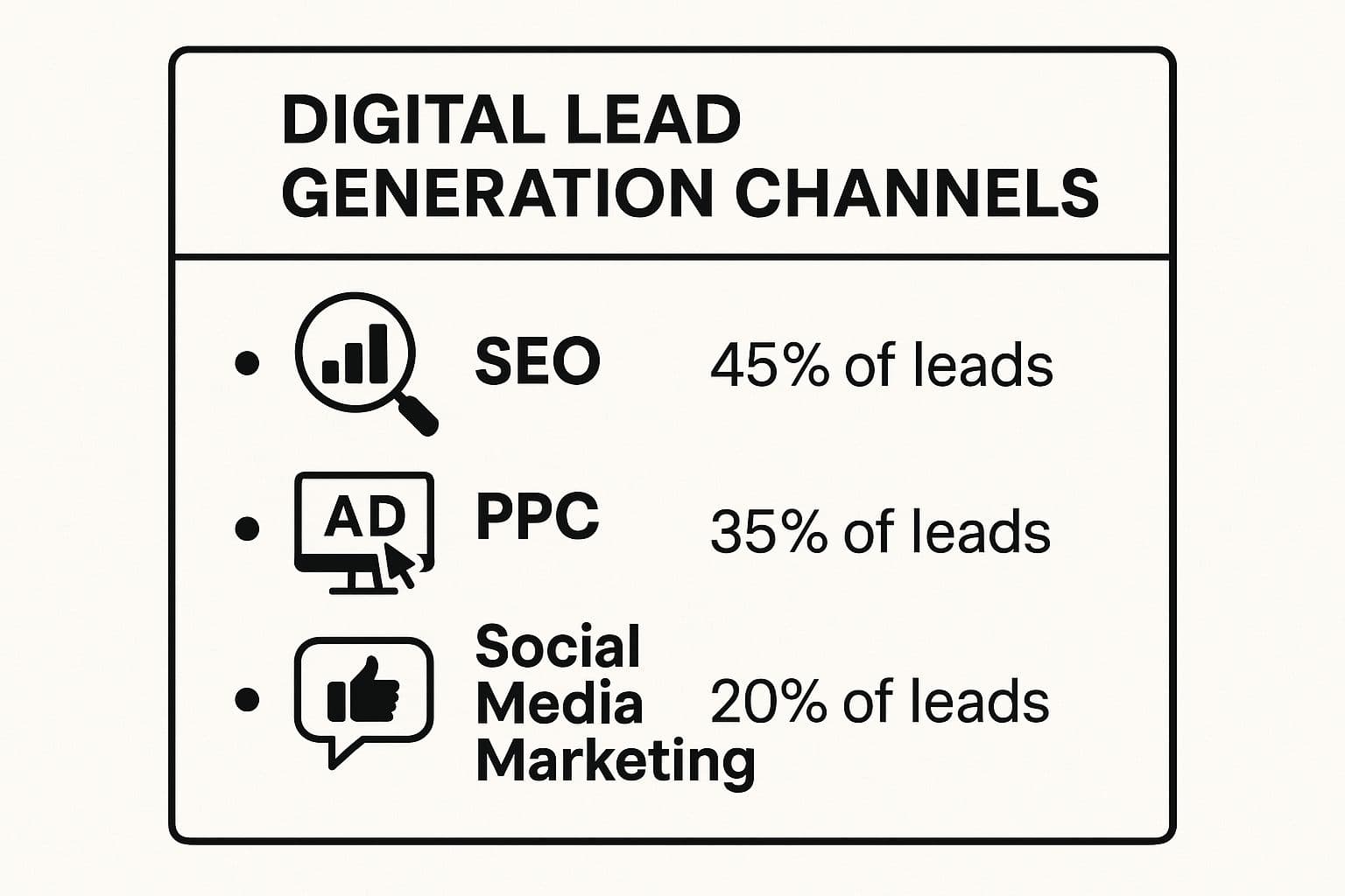 Infographic showing key data points for Digital Lead Generation Channels: SEO at 45%, PPC at 35%, and Social Media at 20%.