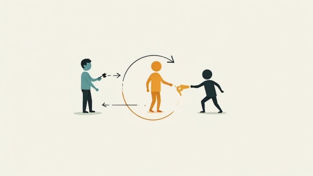 A visual representation of a referral program strategy, showing how one person refers another, creating a network effect.