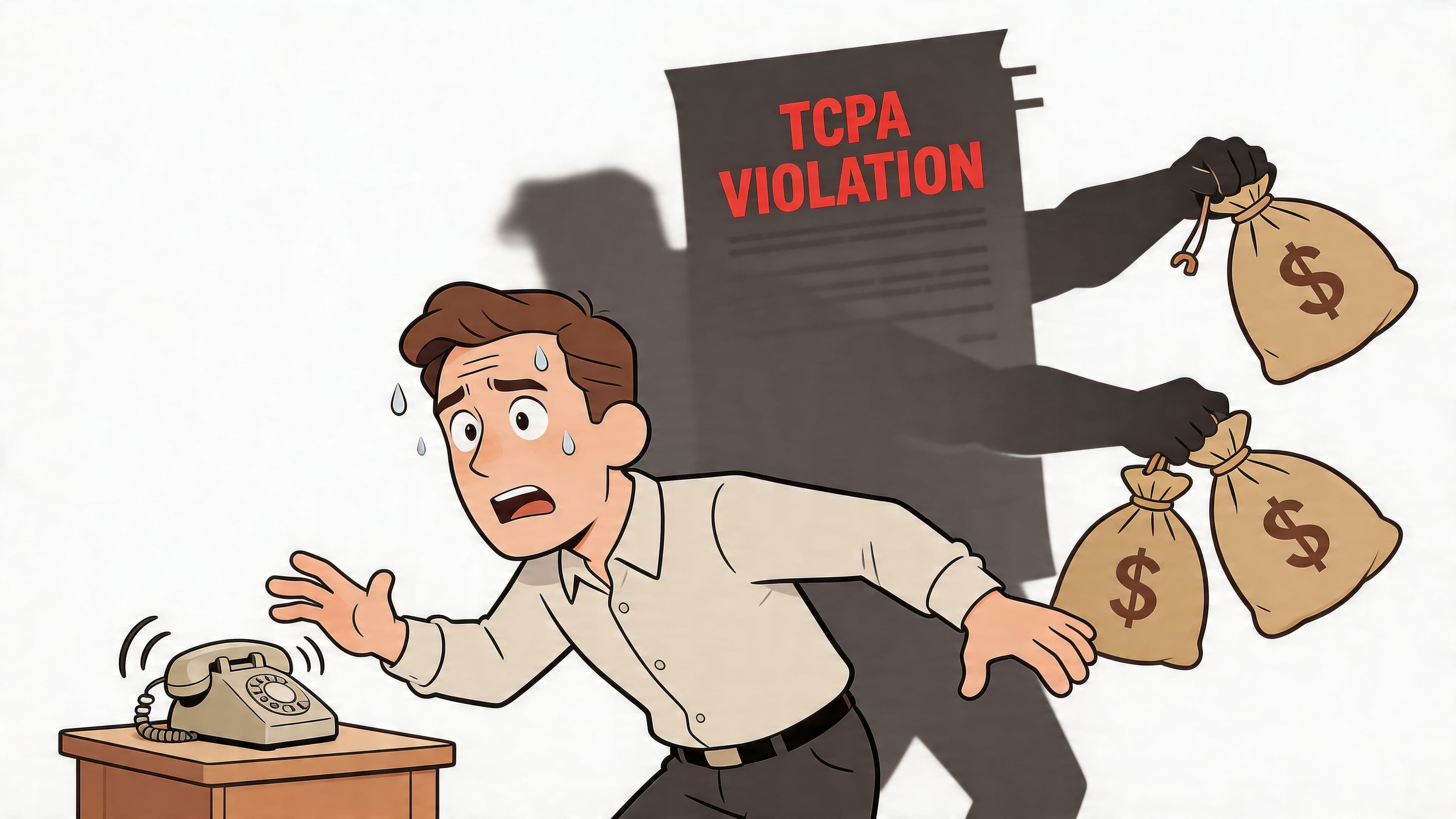 A stressed man moves away from a ringing phone while a dark figure demands money for TCPA violations.