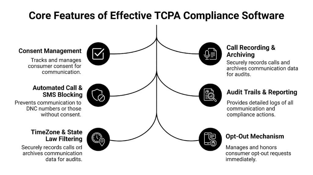 A diagram outlining the six core features of effective TCPA compliance software for secure business communications.
