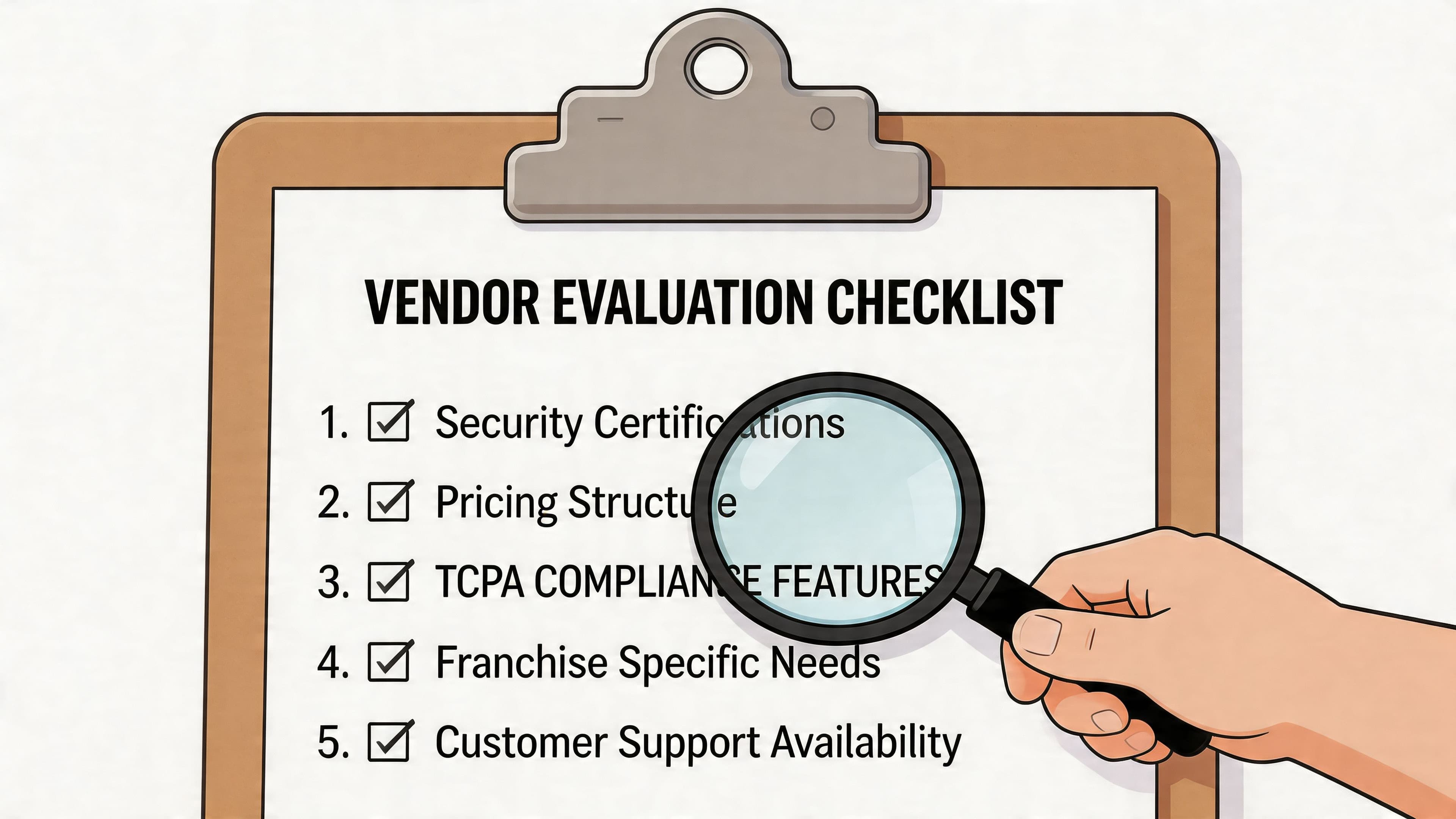 A hand holds a magnifying glass over a checklist titled Vendor Evaluation Checklist for compliance software.