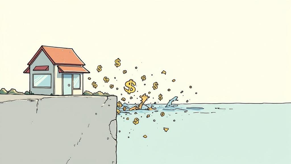 A small business on a cliff edge, with dollar signs falling and a person drowning in water.
