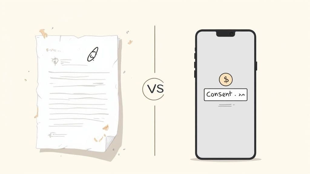 Illustration comparing a traditional paper document with digital consent on a smartphone screen.