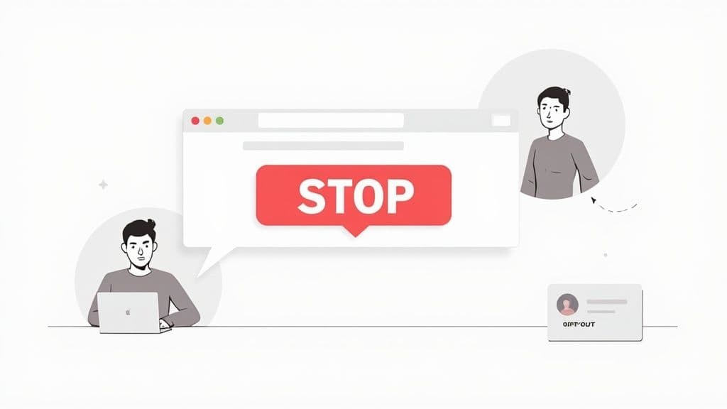 Illustration showing a 'STOP' button in a chat bubble with two people, indicating an opt-out.