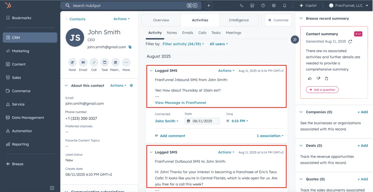 FranFunnel integrated with HubSpot