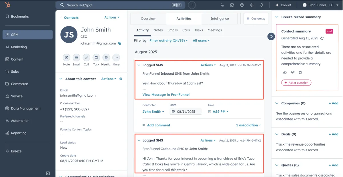 FranFunnel integrated with HubSpot