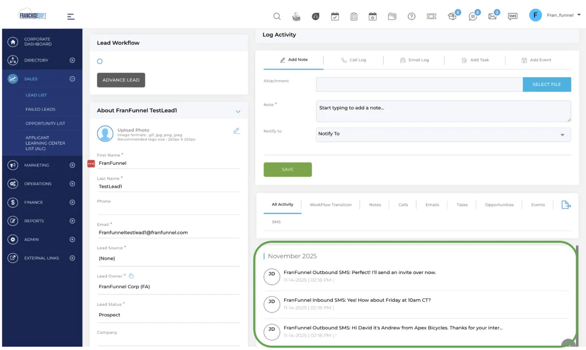 FranFunnel integrated with FranchiseSoft